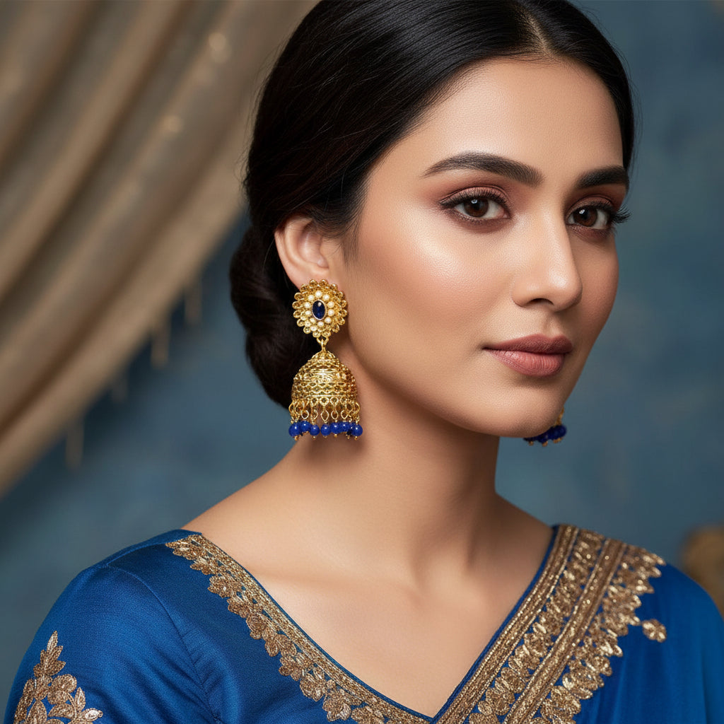 Gold and blue earrings on a display stand with 'Saheli' branding.