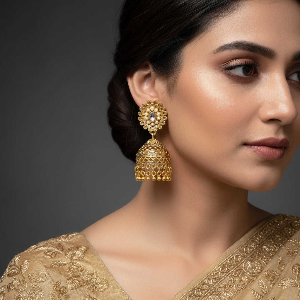 Gold earrings on a stand with 'Saheli' branding against a black background