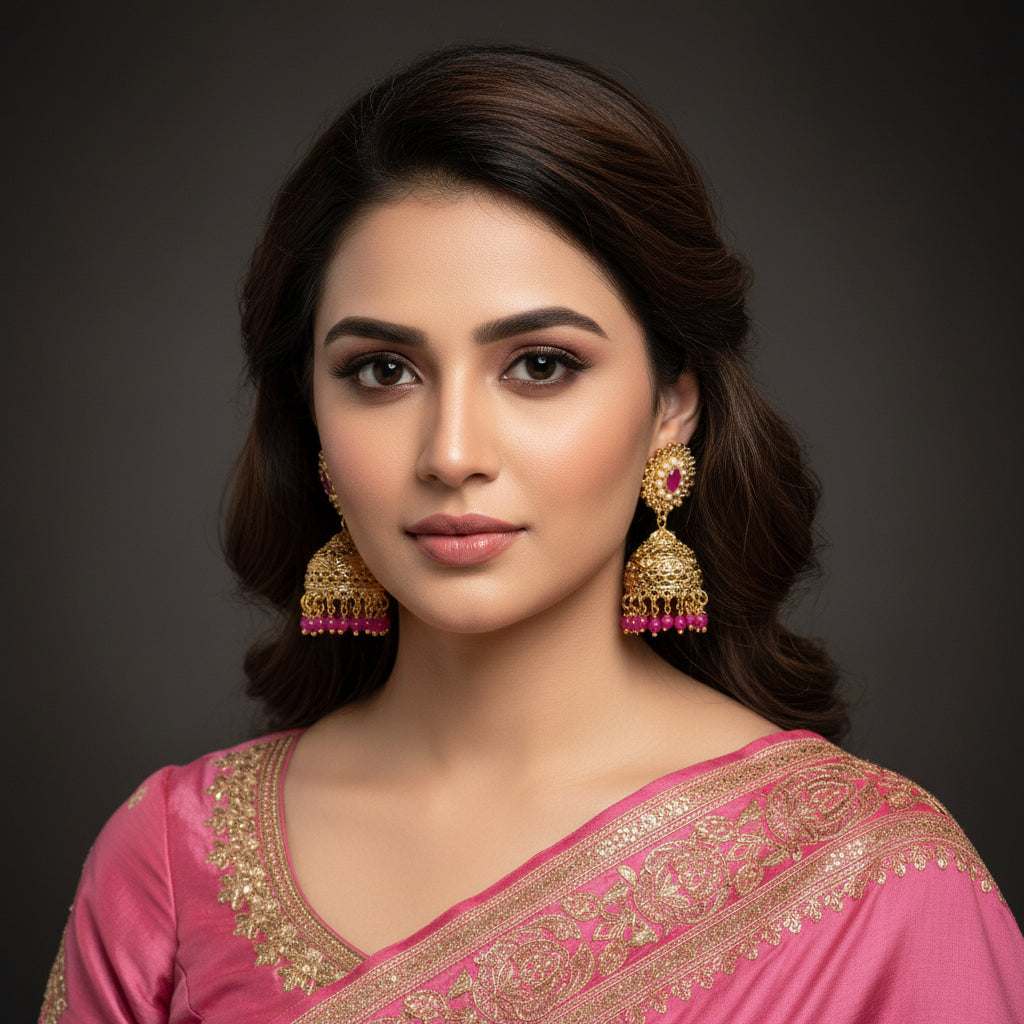 Gold earrings with pink stones on a black background, featuring the brand 'Saheli'.