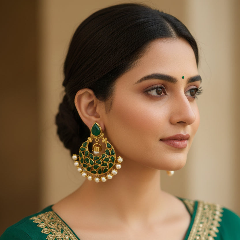 Gold and green earrings on a gray surface with a price tag.