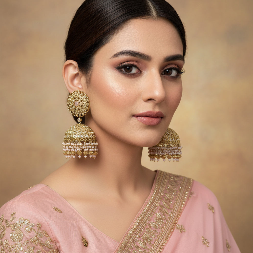 Gold and pearl earrings on a gray background with HP logo.