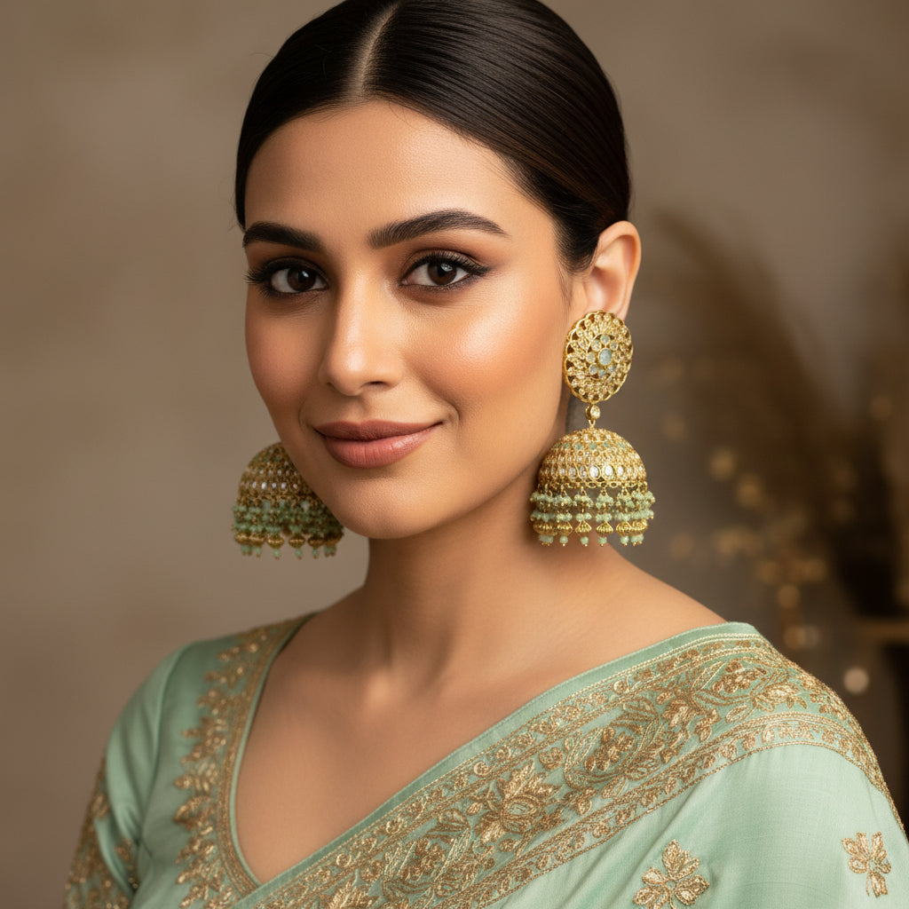 Gold and green earrings on an HP branded surface