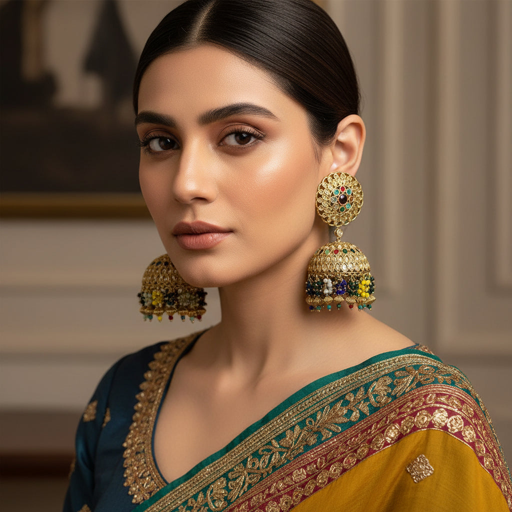 Pair of ornate gold earrings with colorful gemstones on an HP branded background