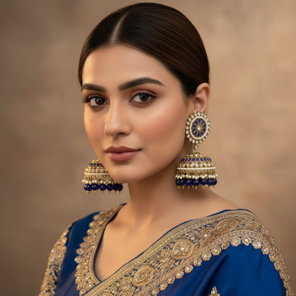 Ornate earrings with blue and gold design on a dark background