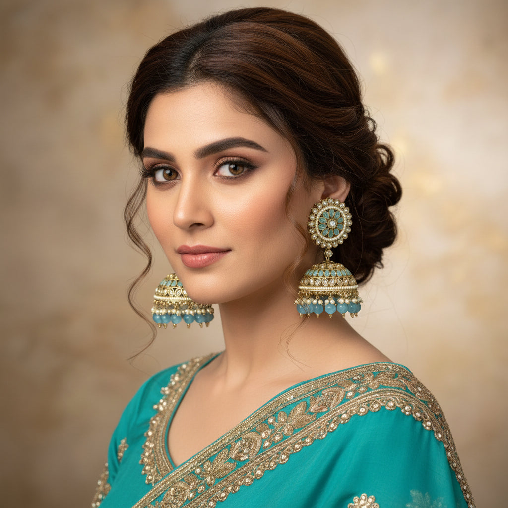 Pair of ornate earrings with blue and gold design on a dark background