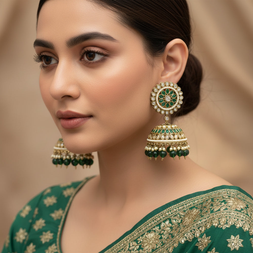 Ornate earrings with green and gold details on a dark background