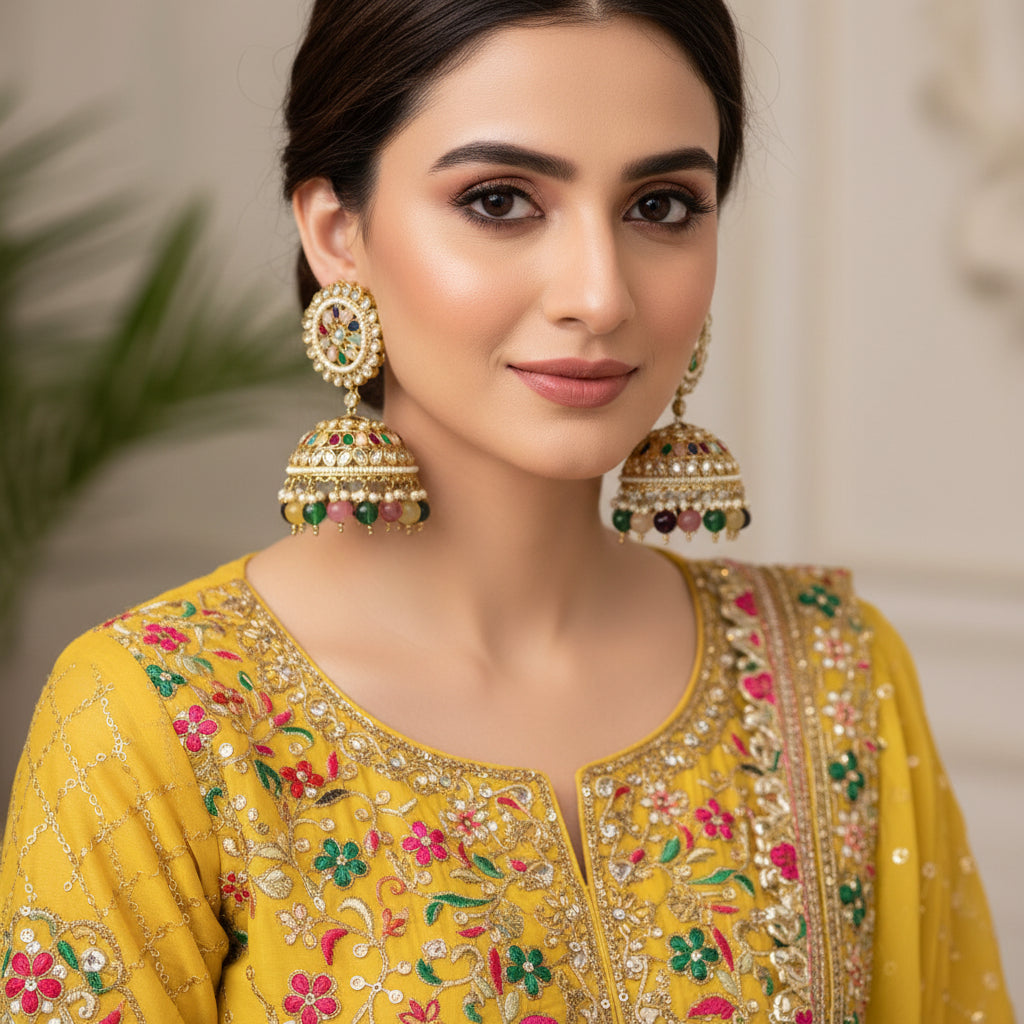 Pair of ornate earrings with colorful gemstones on a gray background