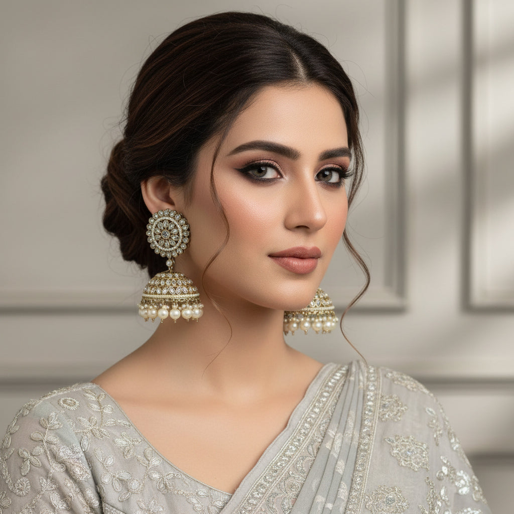 Ornate earrings with pearls on a dark background