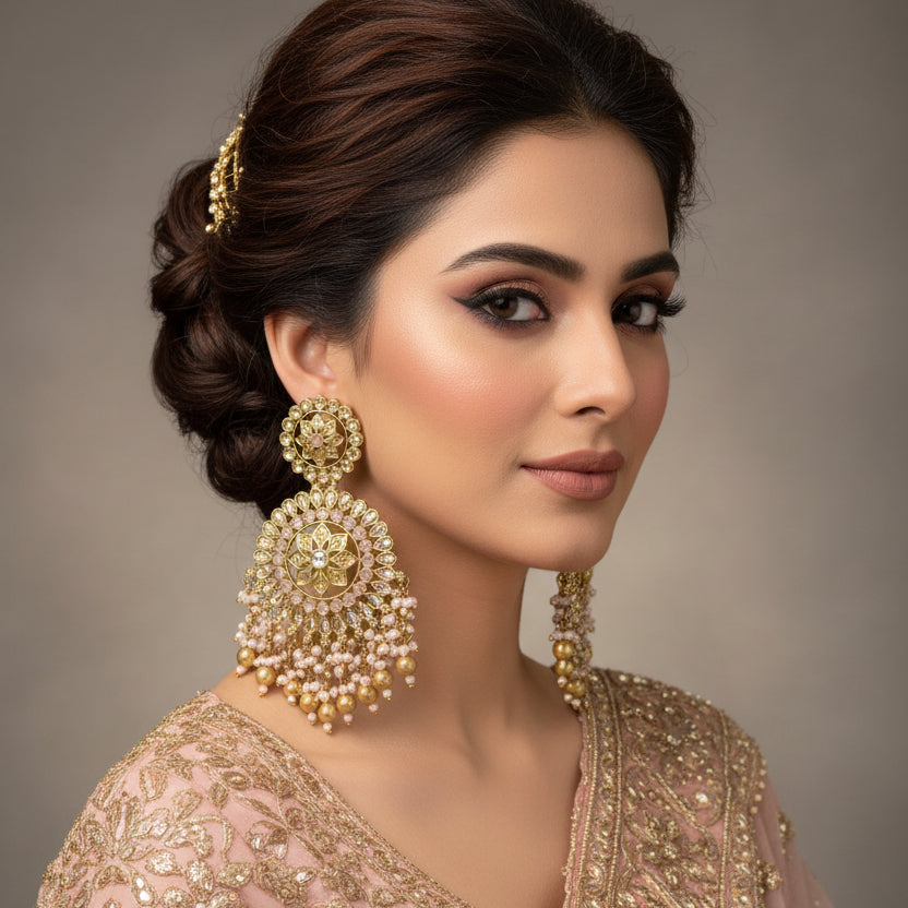 Pair of gold and pearl earrings on a dark background