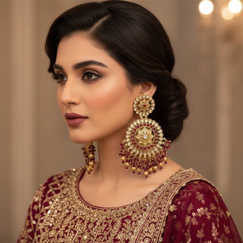 Ornate gold and red earrings on a dark background