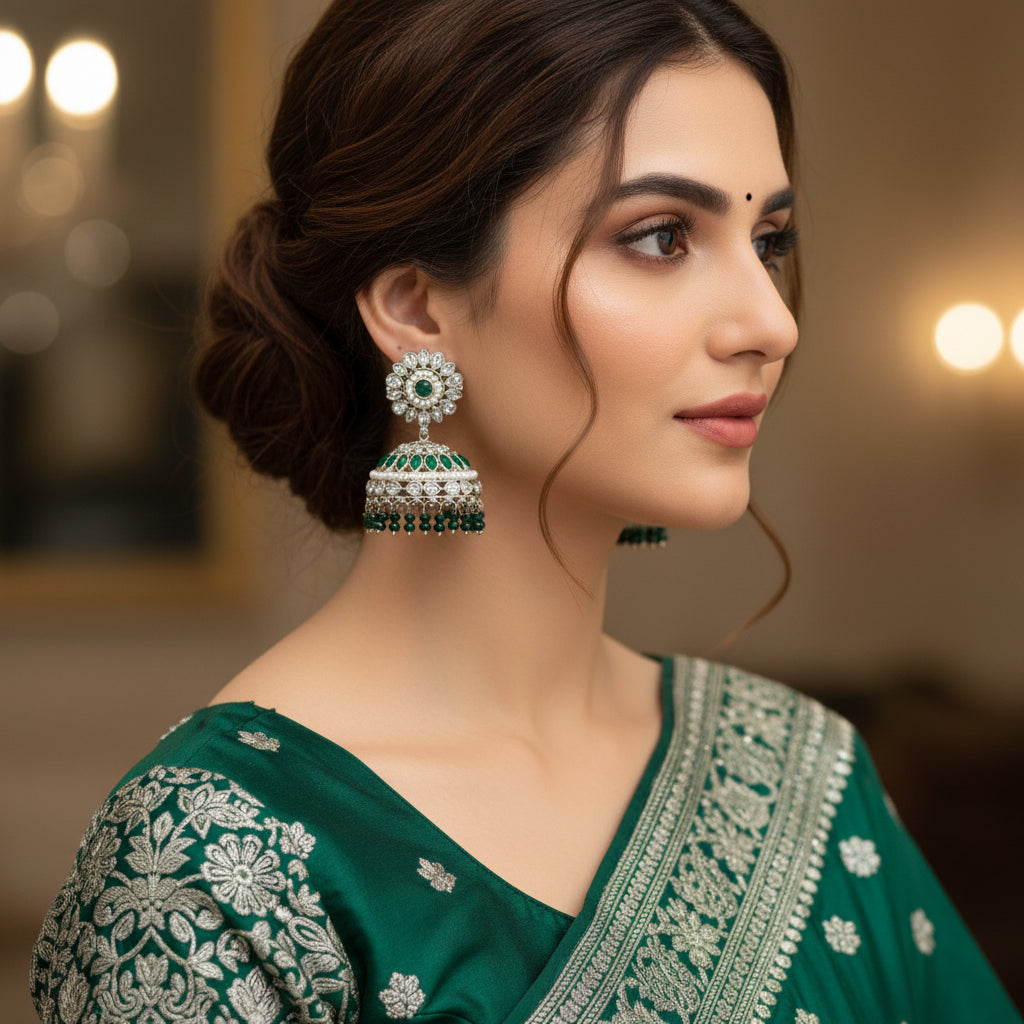 Pair of ornate earrings with green gemstones on a dark background