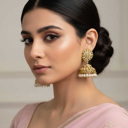 Pair of gold and pearl earrings on a gray background