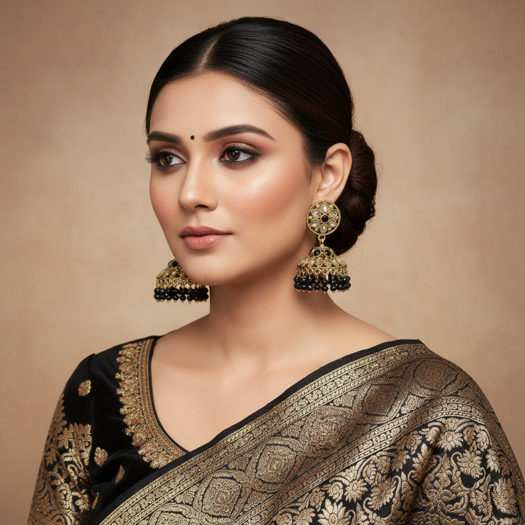 Pair of gold and black earrings on a gray stand with a blurred background