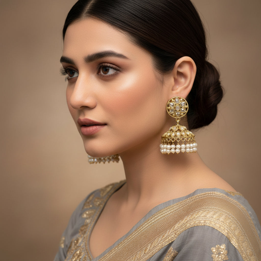 Gold and pearl earrings on a gray stand with a blurred background