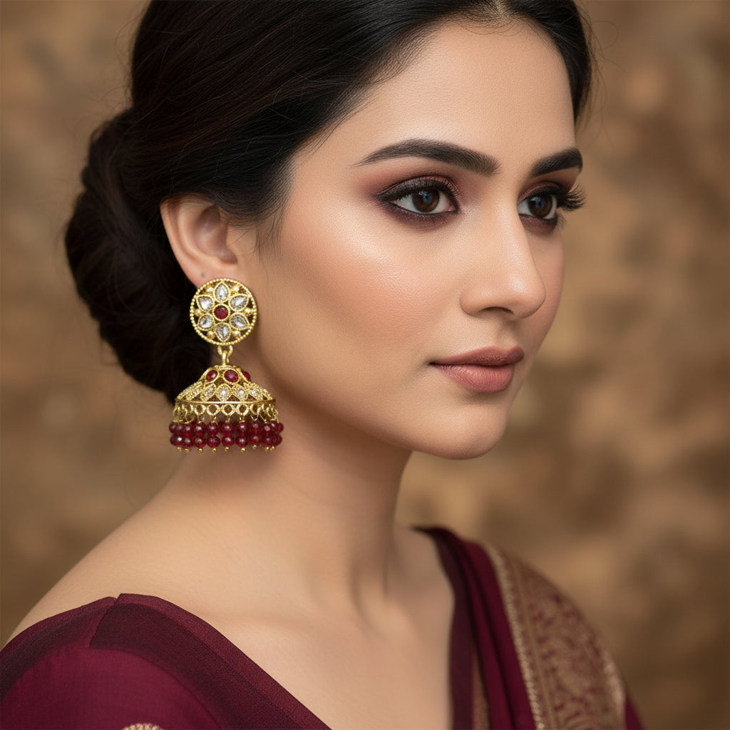 Pair of gold and red earrings on a gray stand with a blurred background