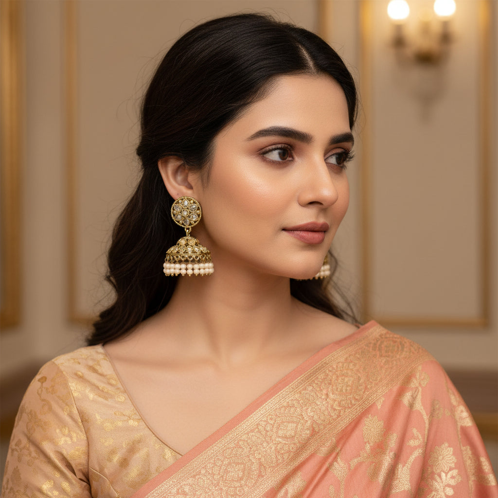Pair of gold and pearl earrings on a gray stand with a light gray background