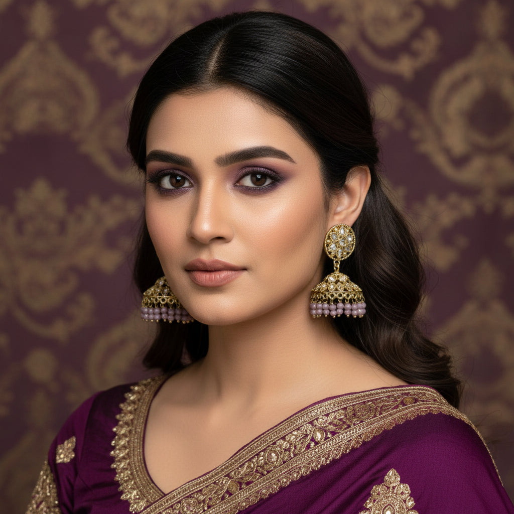 Ornate gold and purple earrings on a gray stand with a blurred background