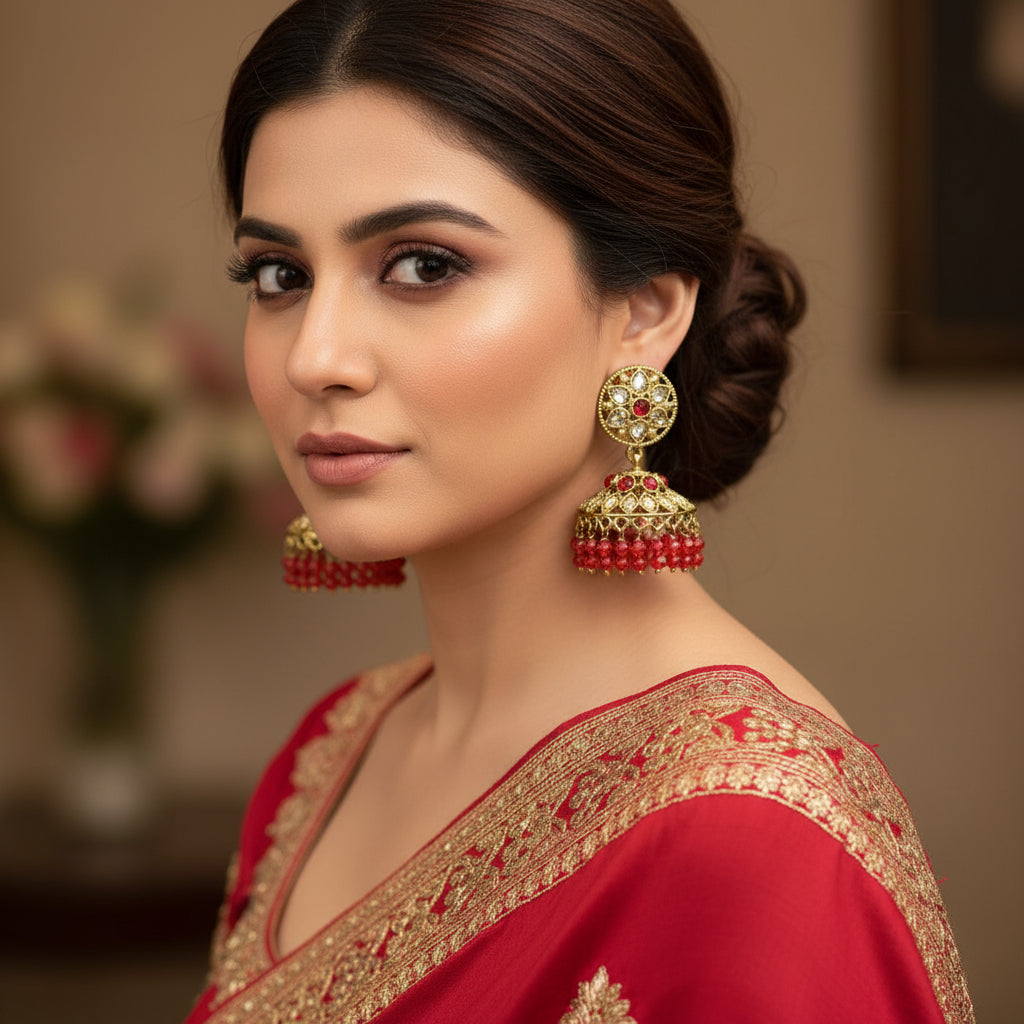 Pair of gold and red earrings on a gray stand against a light gray background