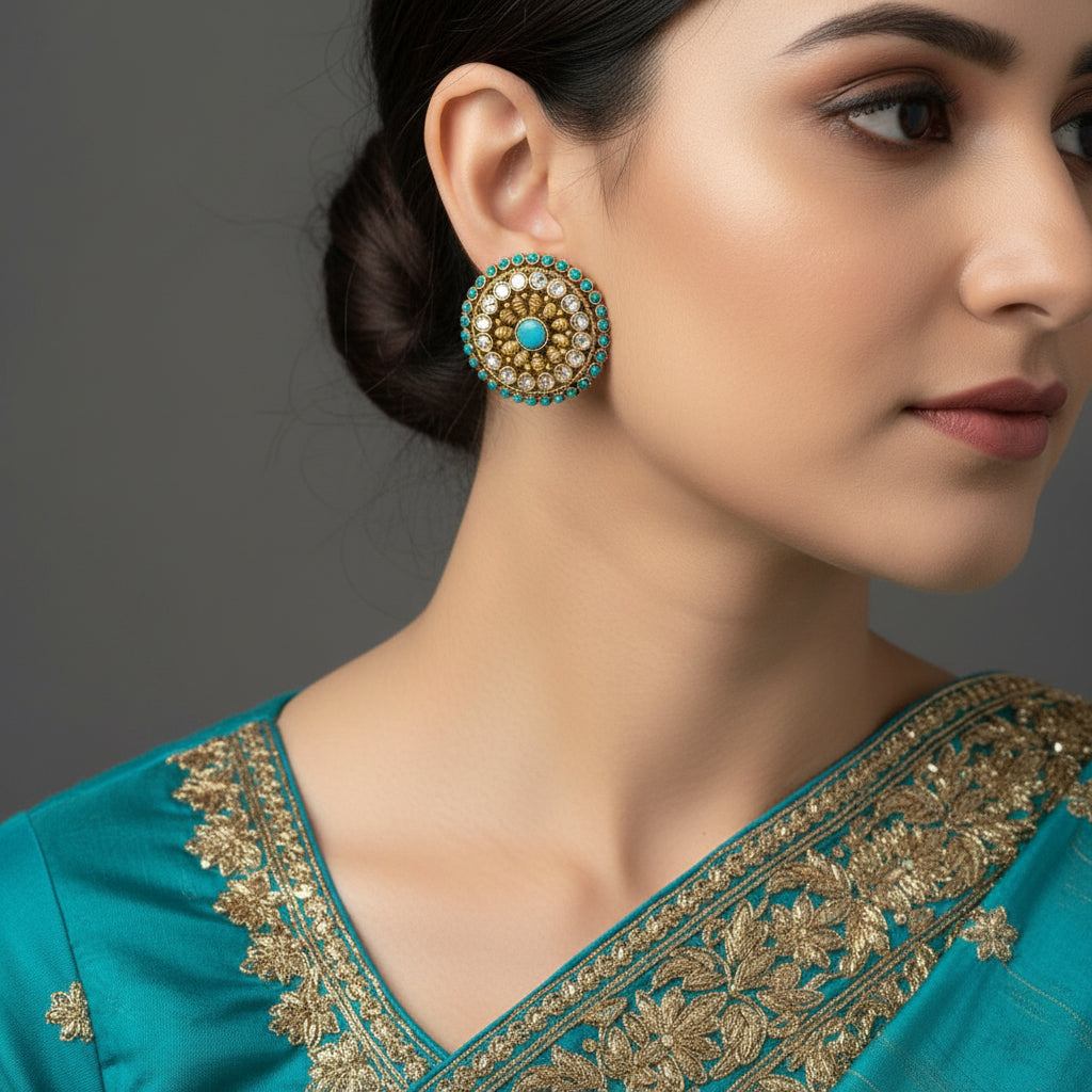 Pair of gold and turquoise earrings on a gray background with 'SAHELI' branding.