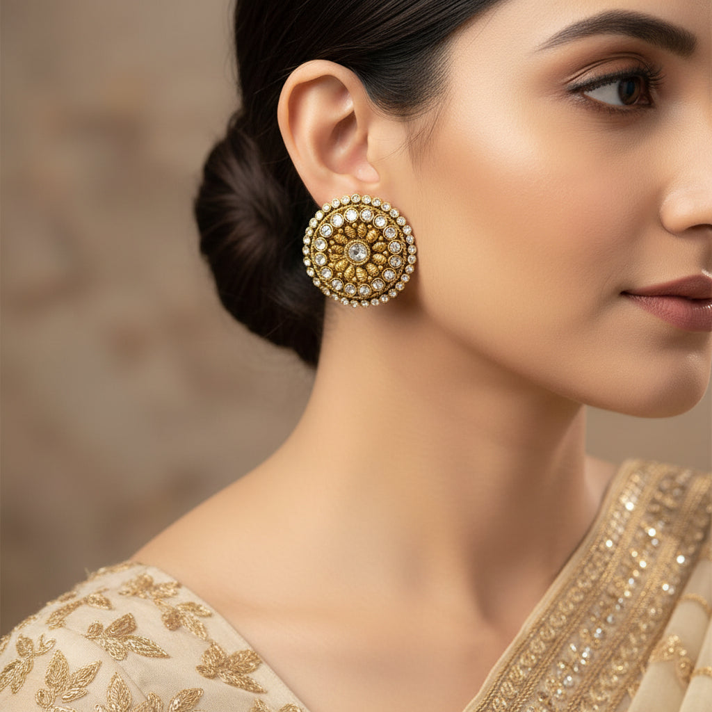 Gold and diamond earrings on a gray background with 'SAHELI' branding.