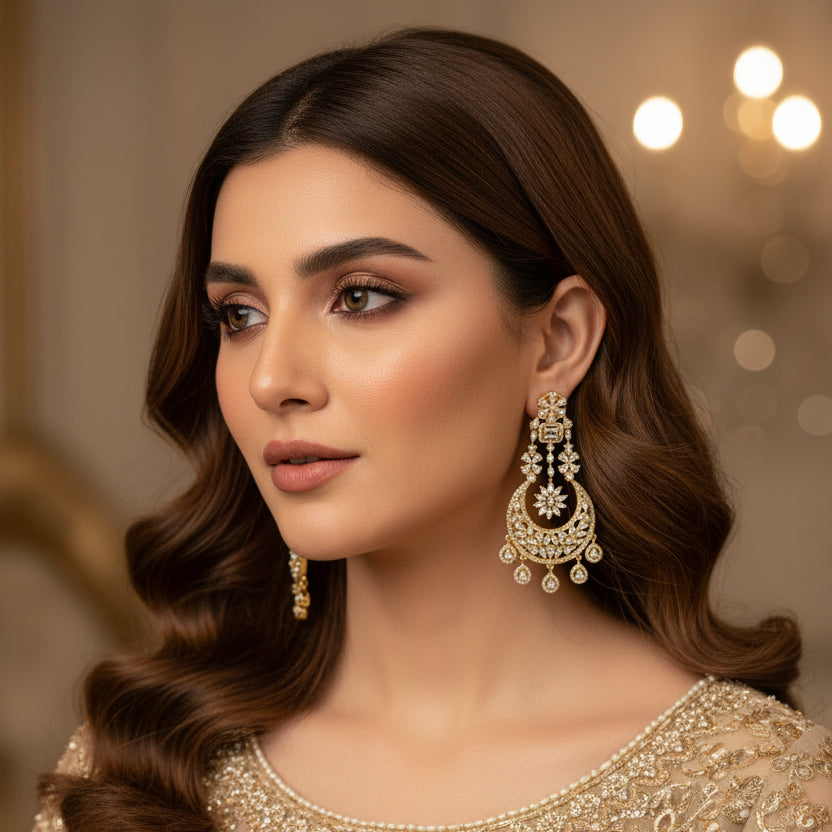 Pair of gold and diamond earrings on a black background