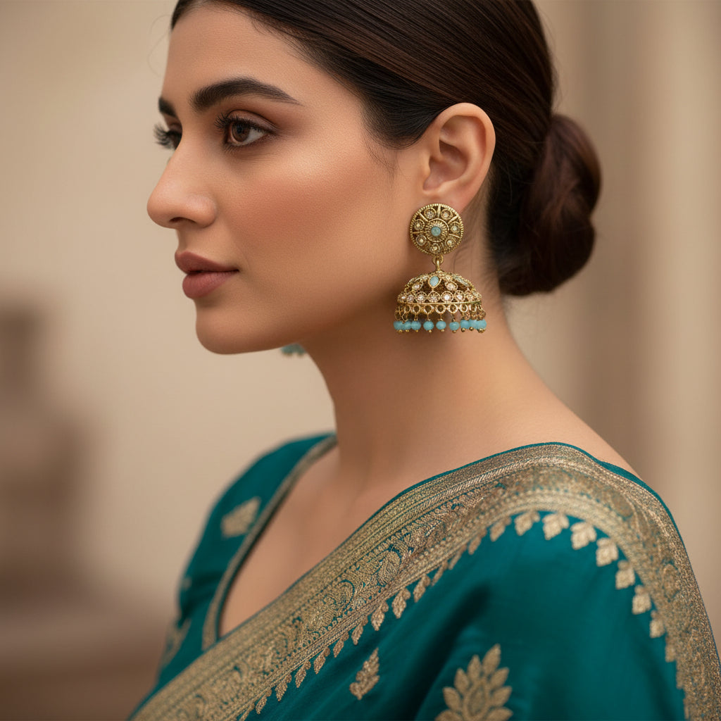 Ornate gold earrings with turquoise stones on a black stand against a gray background