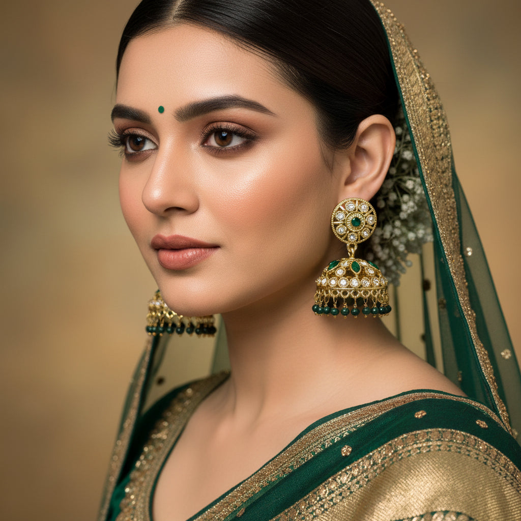 Pair of ornate gold earrings with green gemstones on a gray background