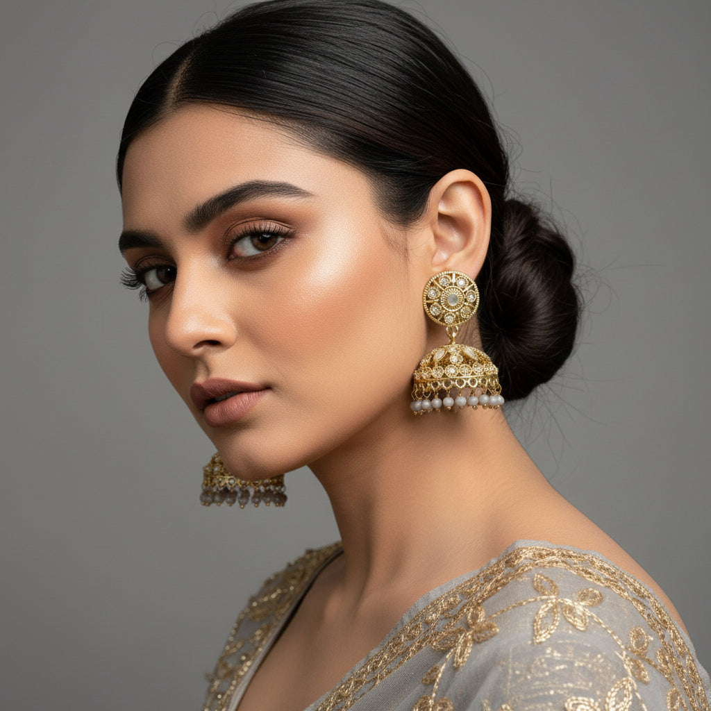 Gold earrings with intricate designs on a black stand against a gray background