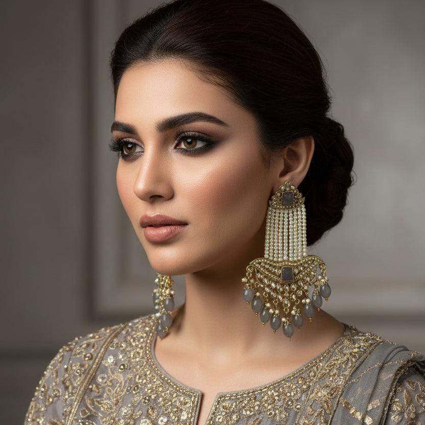 Pair of ornate earrings with beads and stones on a black background