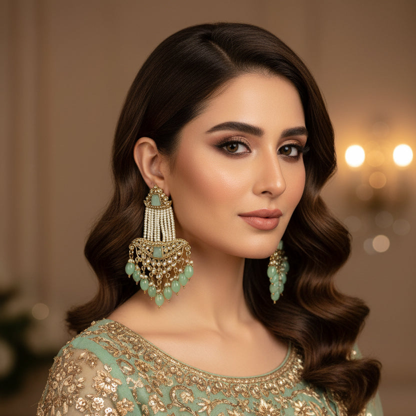 Pair of ornate earrings with green gemstones on a black background