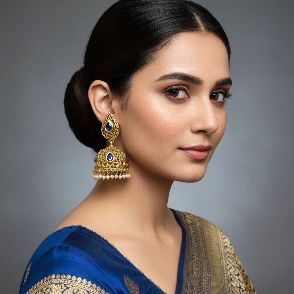 Gold and blue earrings on a black stand with 'SAHELI' branding.