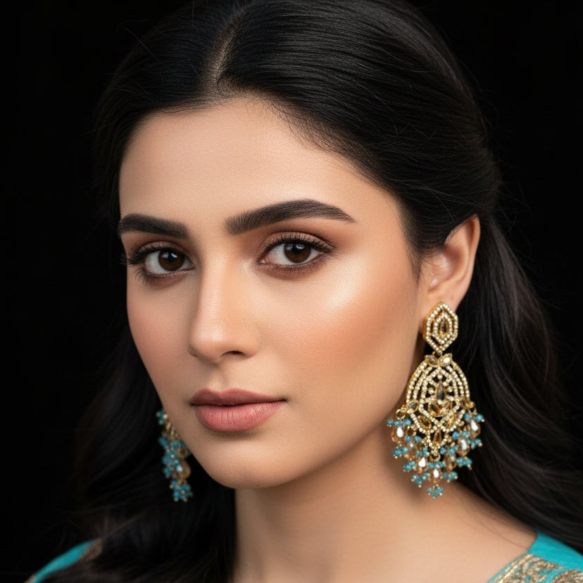 Ornate earrings with blue stones on a display stand, branded 'Saheli'.