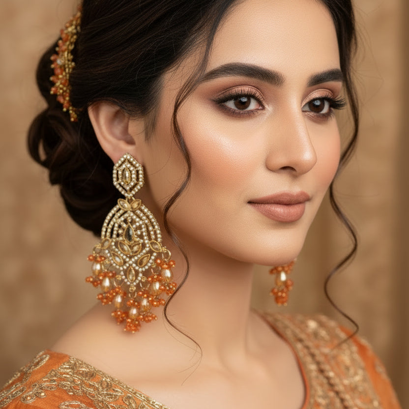 Ornate earrings on a stand with 'Saheli' branding against a dark background