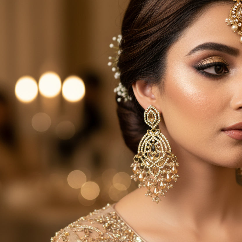 Ornate earrings on a stand with 'Saheli' branding against a dark background