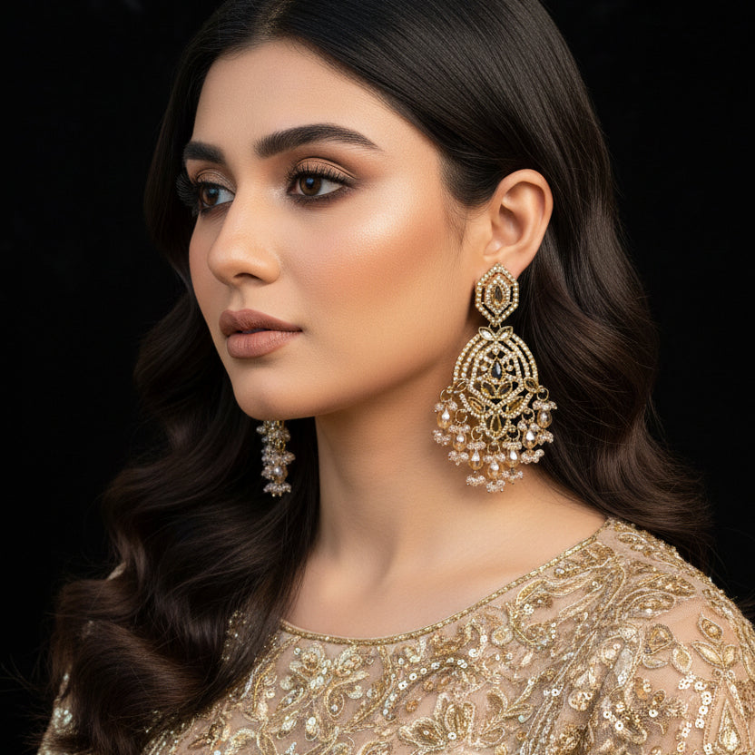 Ornate gold earrings on a stand with 'Saheli' branding against a dark background