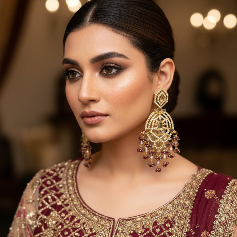 Ornate earrings on a stand with 'Saheli' branding against a dark background