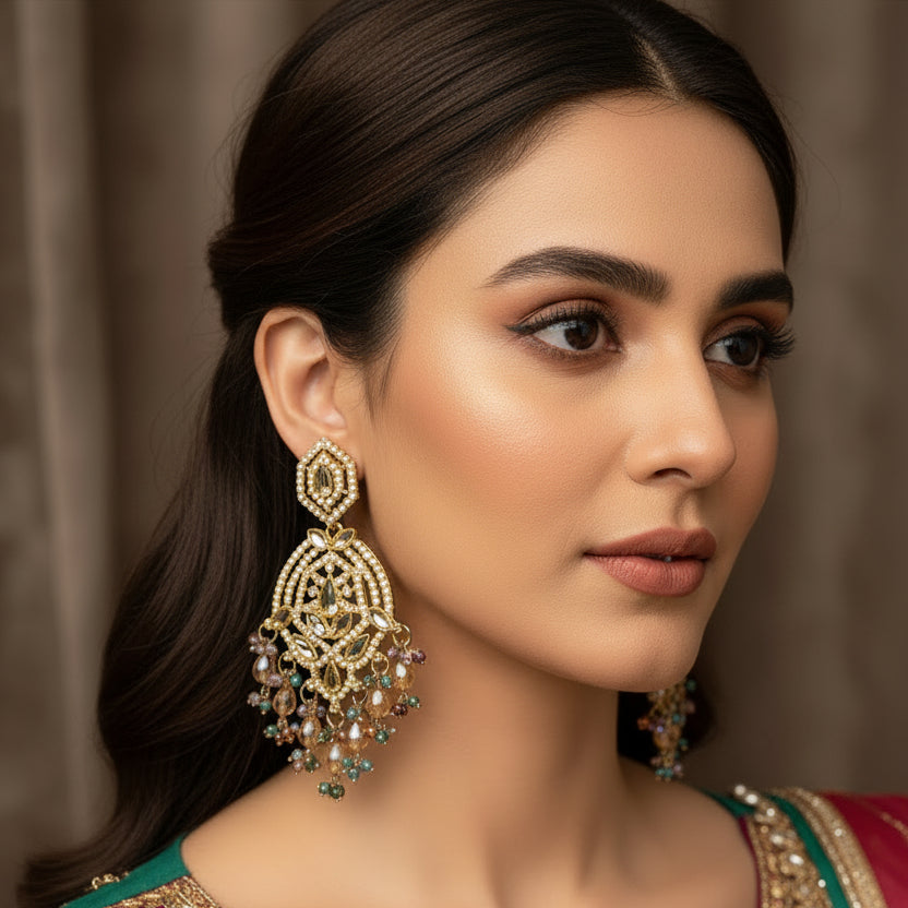 Ornate earrings on a stand with 'SAHELI' branding against a dark background
