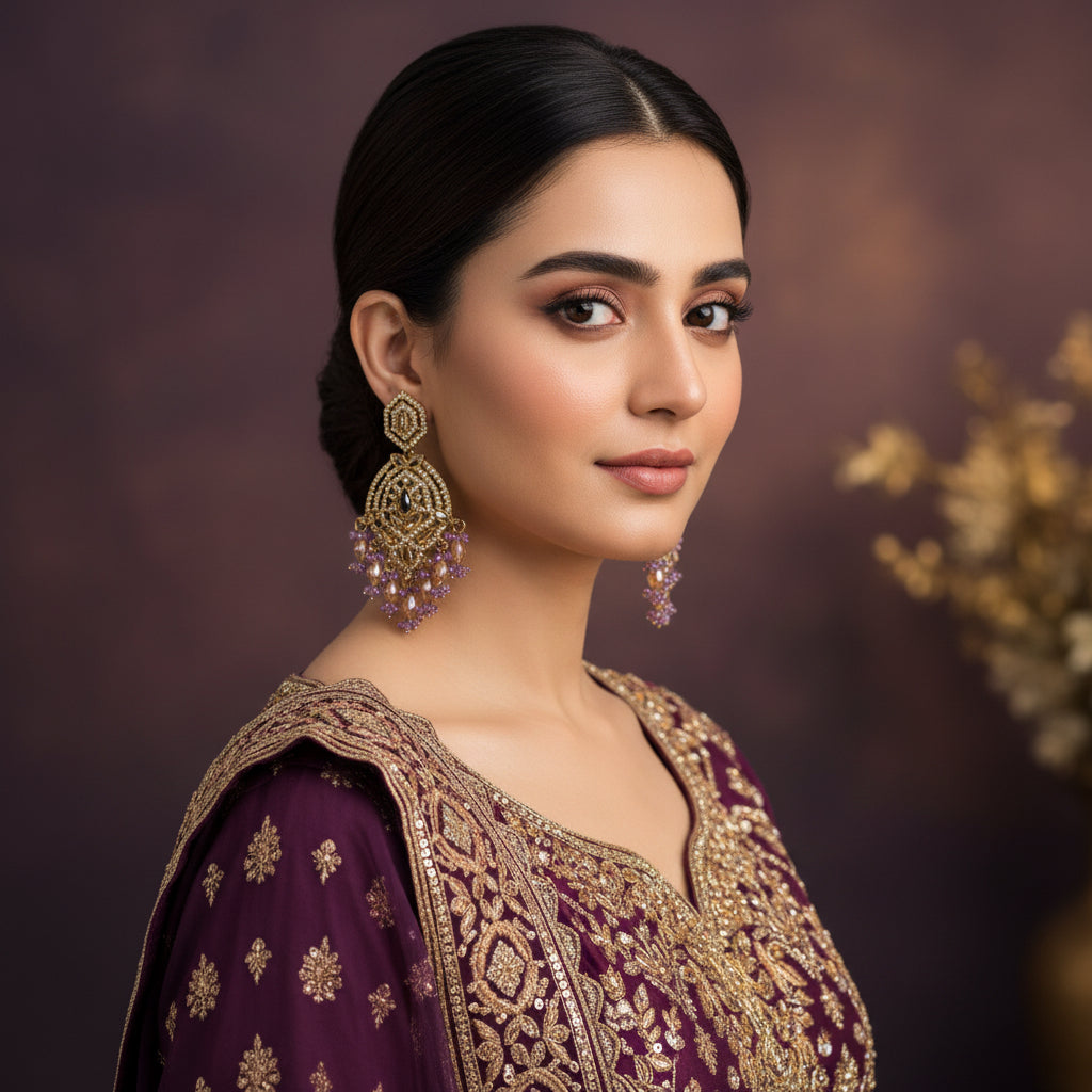 Ornate earrings with purple stones on a stand against a black background, branded 'Saheli'.