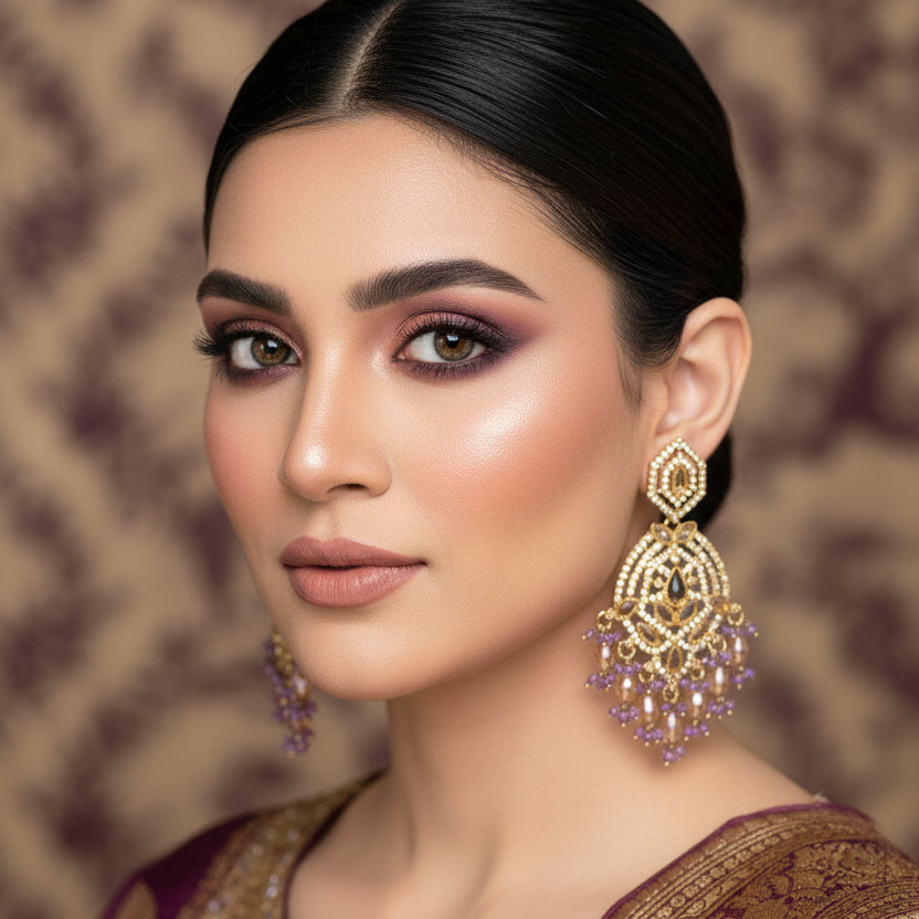 Ornate earrings with purple stones on a stand against a black background, branded 'Saheli'.