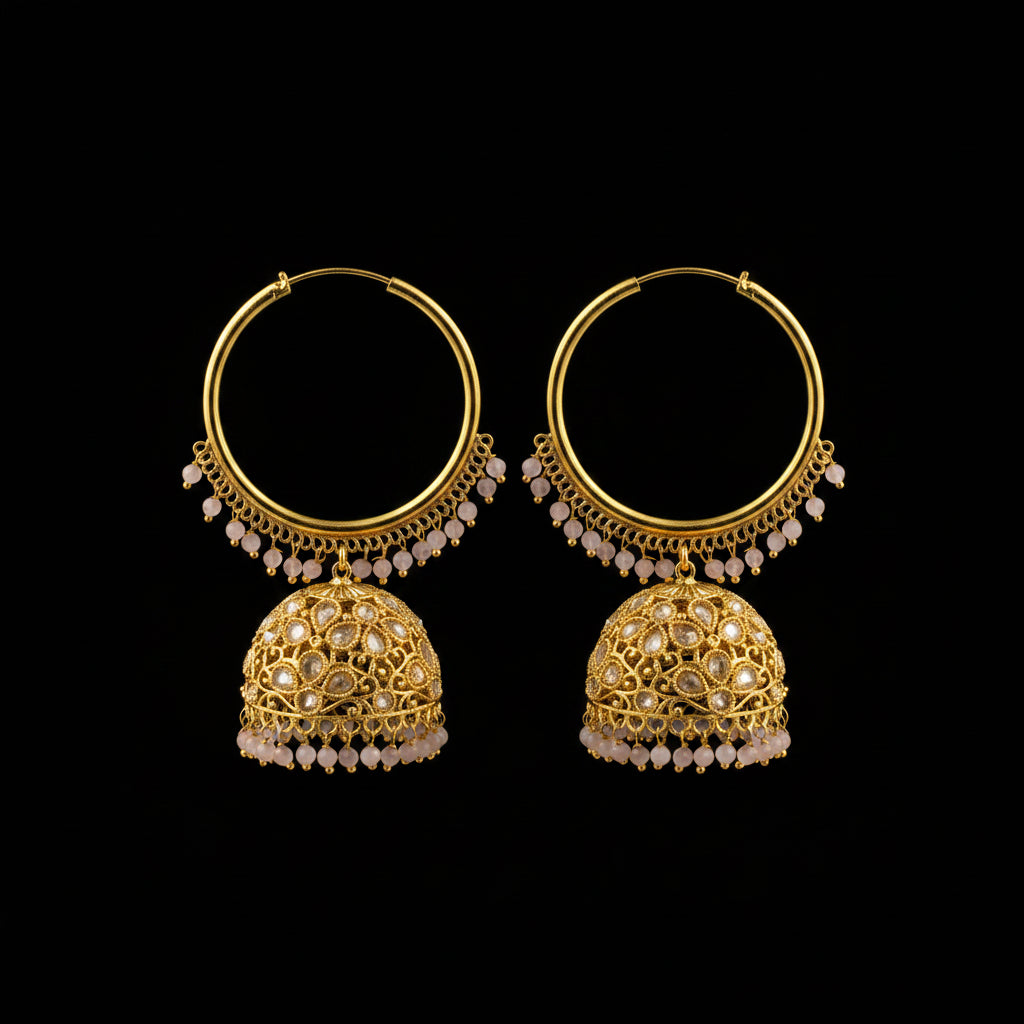 Gold hoop earrings with pink beads on black stands against a gray background with HP logo.