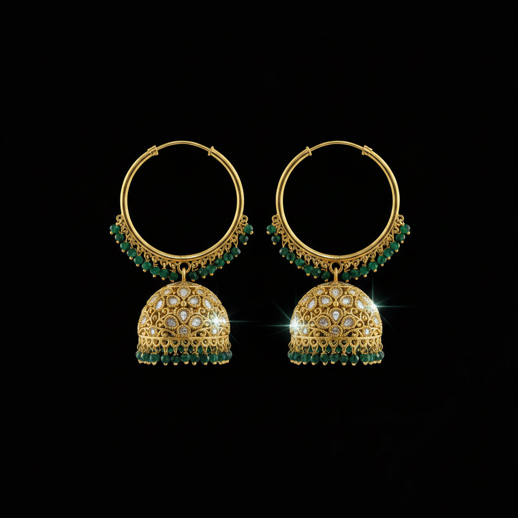 Gold hoop earrings with green beads on black stands against a gray background with HP logo.