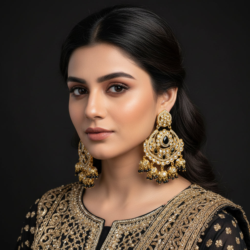 Ornate gold earrings with black stones on a dark background, featuring the brand 'SAHELI'.