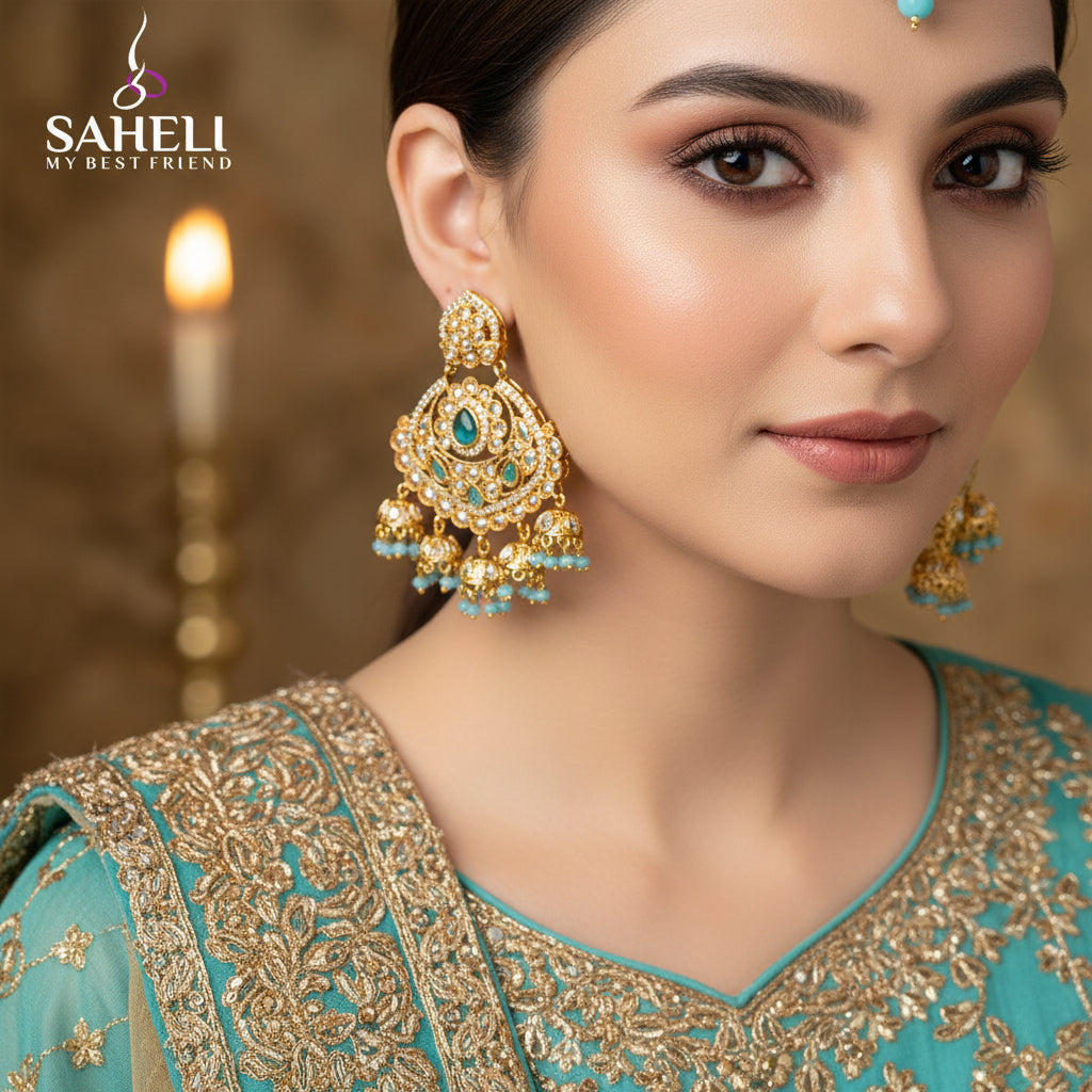 Ornate gold and turquoise earrings on a dark background with 'Saheli' branding.