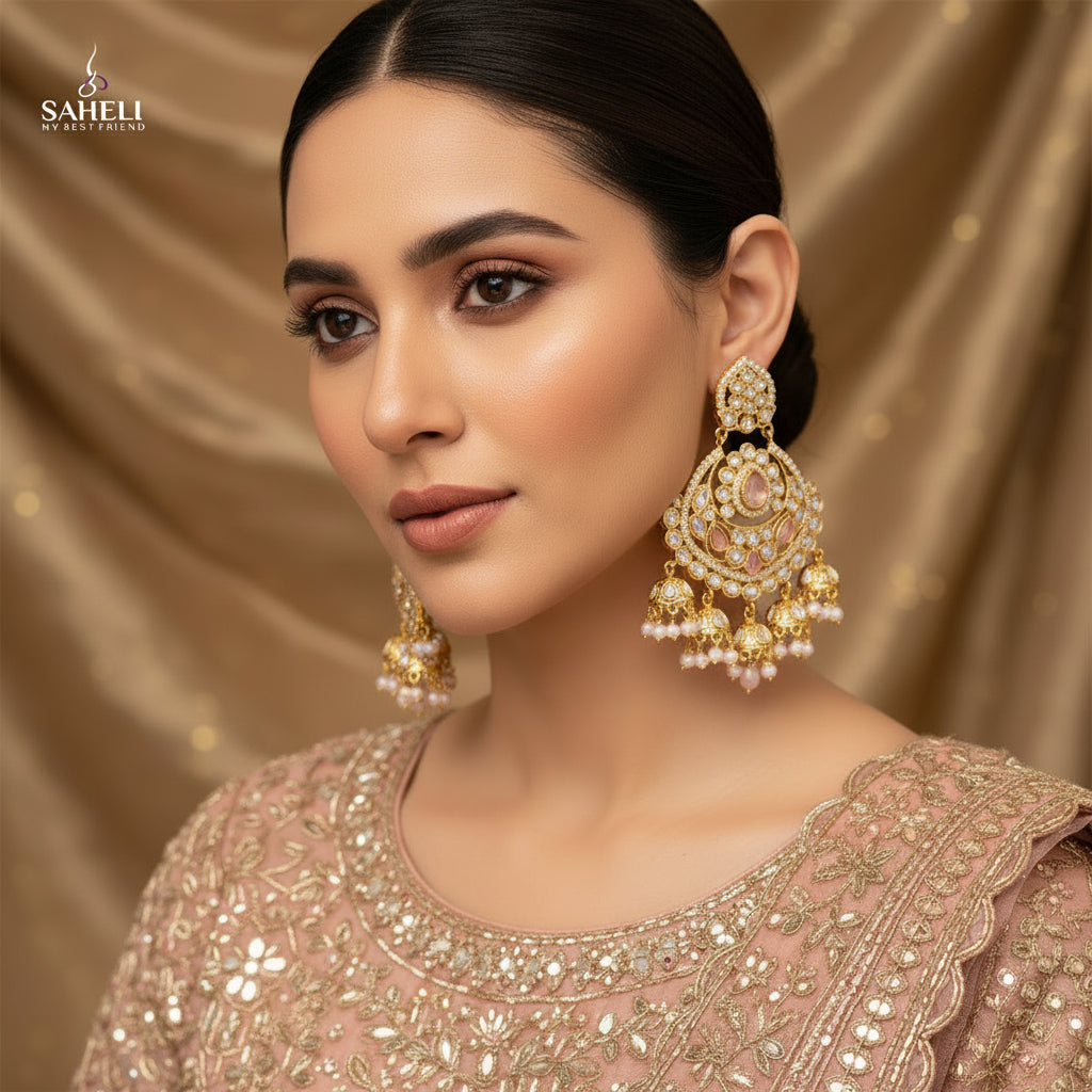 Gold earrings with intricate designs on a dark background, featuring the brand 'SAHELI'.