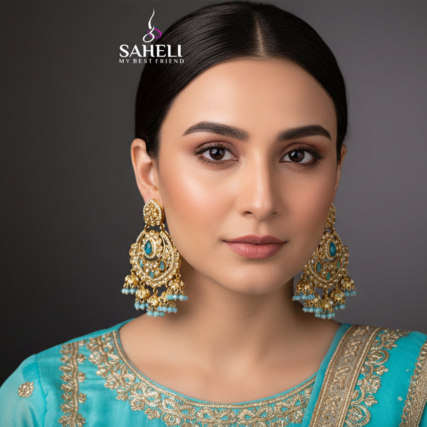 Ornate gold and blue earrings with 'Saheli' branding on a dark background