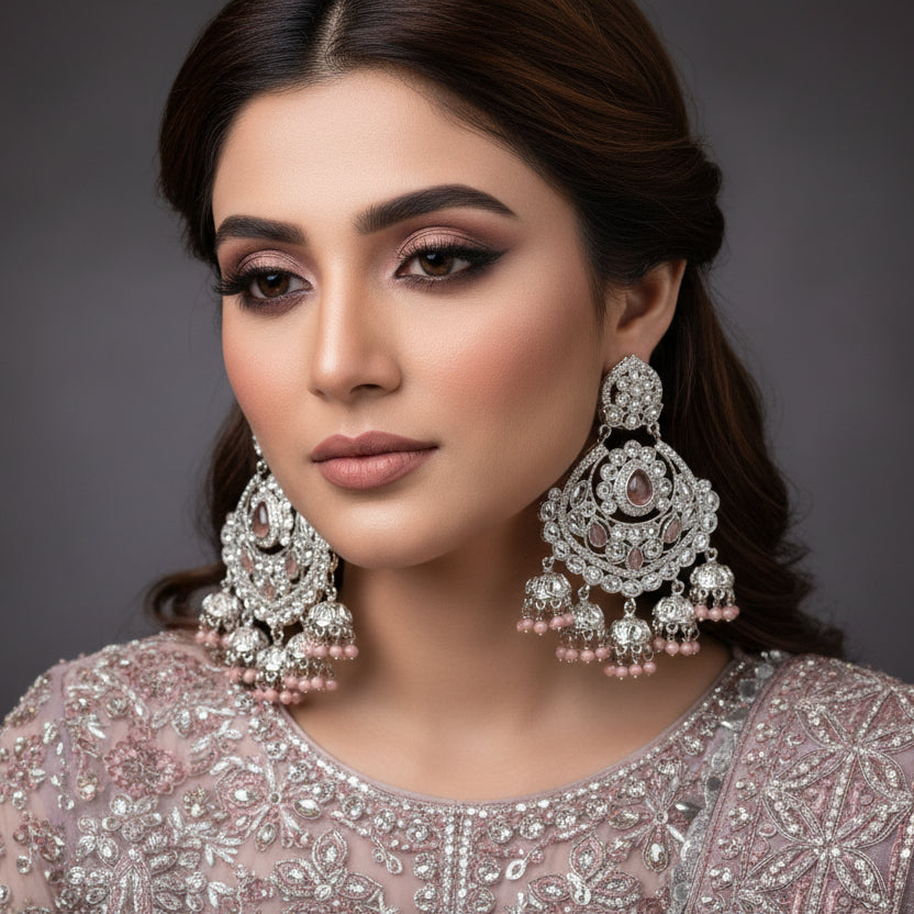 Ornate silver earrings with pink beads on a black background, featuring the brand 'Saheli'.