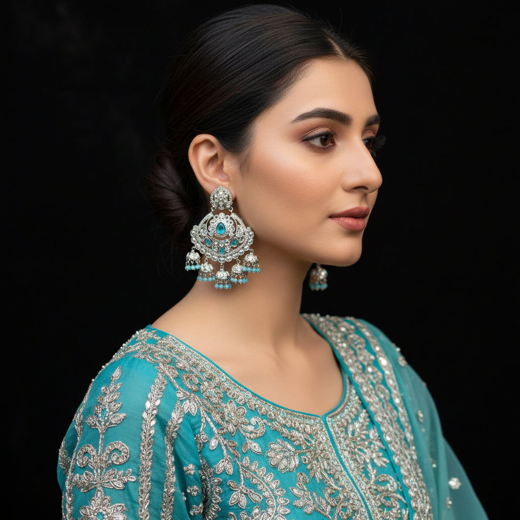 Ornate earrings with blue stones on a dark background, featuring the brand 'Saheli'.