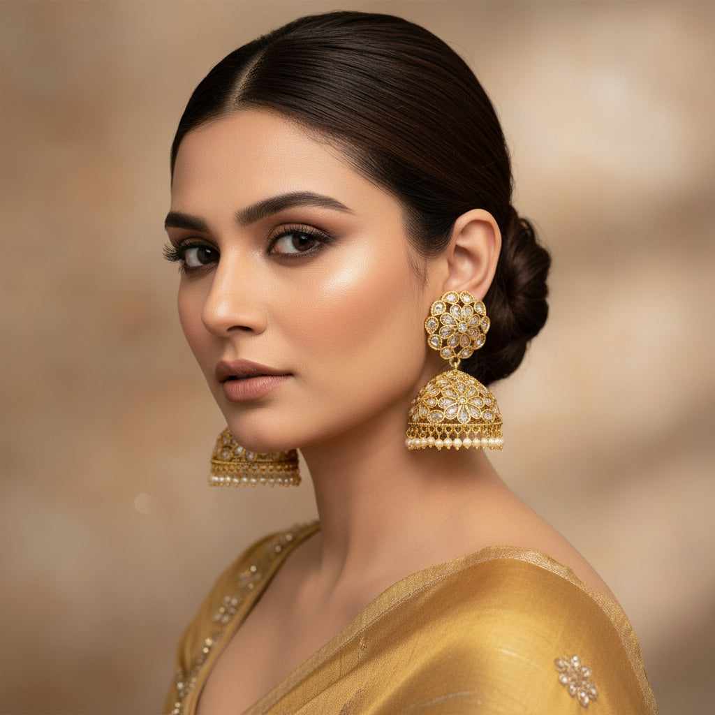 Gold earrings on a gray stand with an HP logo in the background