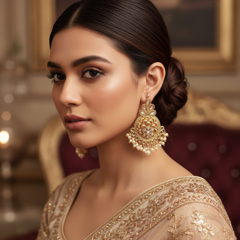 Pair of gold earrings with intricate designs on a black background