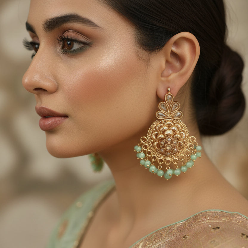 Pair of gold earrings with green gemstones on a black background